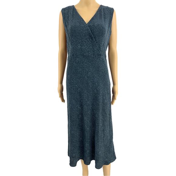 Casual Corner (8) VINTAGE 90s 100% SILK Black Green Sheath Midi Dress V Neck - Picture 1 of 11